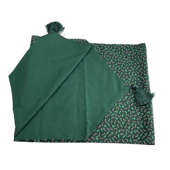 Christmas Table Runner Candy Cane Holly Print Tassels Reversible 70 In - Picture 1 of 7